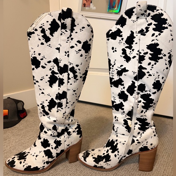 Altar'd State Black and White cow Patterned Heeled tall Boots - Picture 1 of 9